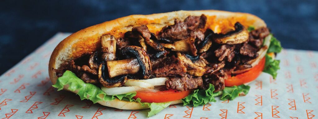 The Philly Steak has creamy ﬁlet mignon, mushrooms and Swiss cheese.